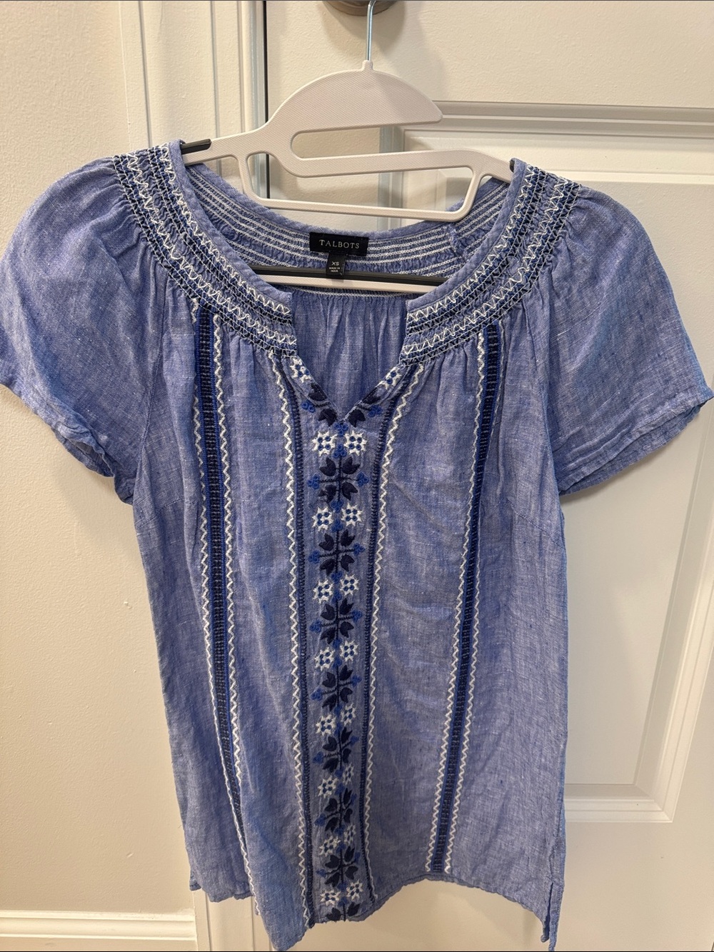 Talbots Blue Embroidered Linen  Peasant Blouse